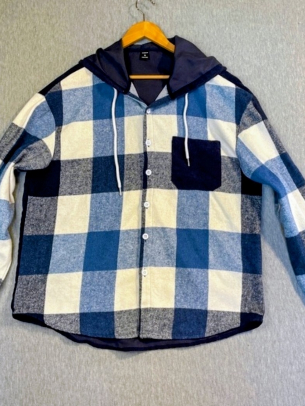 Shein Hooded Shacket Women’s Size XL Blue White Buffalo Plaid Button Down